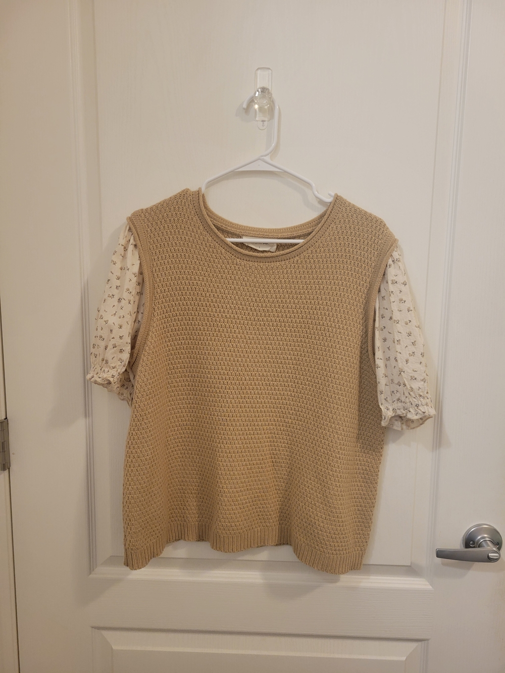 Waffle Knit Sleeveless Top with Floral Puff Sleeves - Cream/Tan